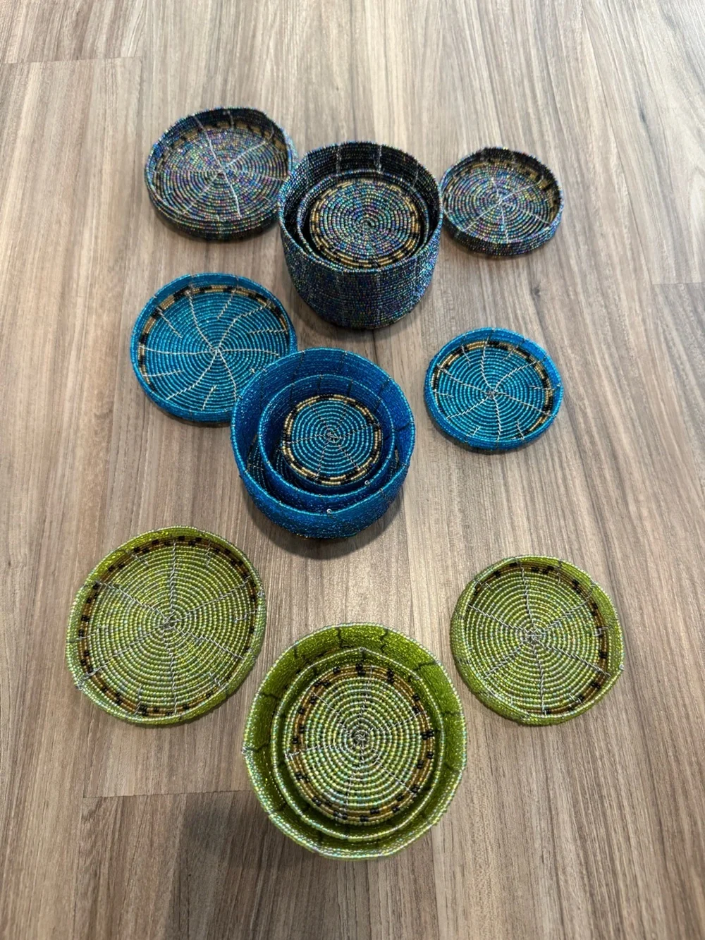 Handwoven Beaded Round Storage Boxes Set - Blue, Green & Multicolor